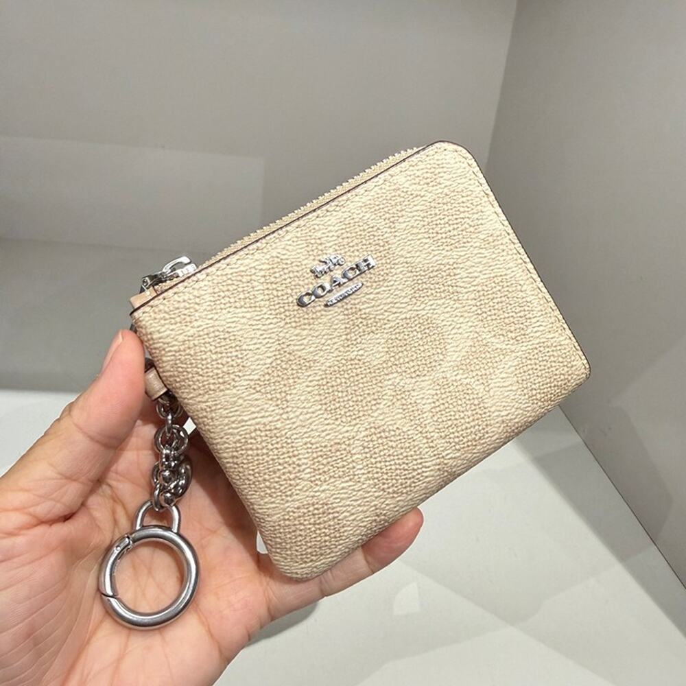 Coach Small Corner Zip Wallet Signature Canvas CFA28 Silver/Sand/Taupe